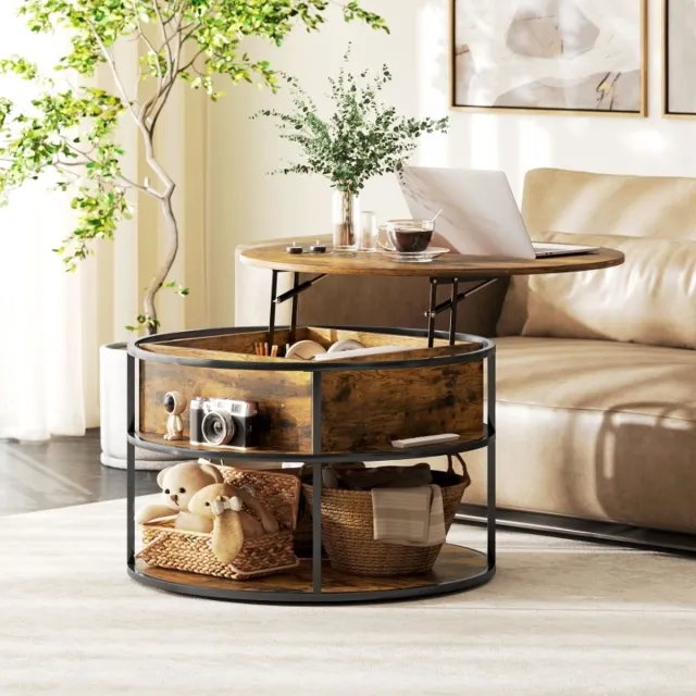 STILVORA Tafel Salontafel Rond Met Verstelbare Hoogte En Opbergruimte Voor Woonkamer - Hout - Bruin - Ø80 Cm Brown