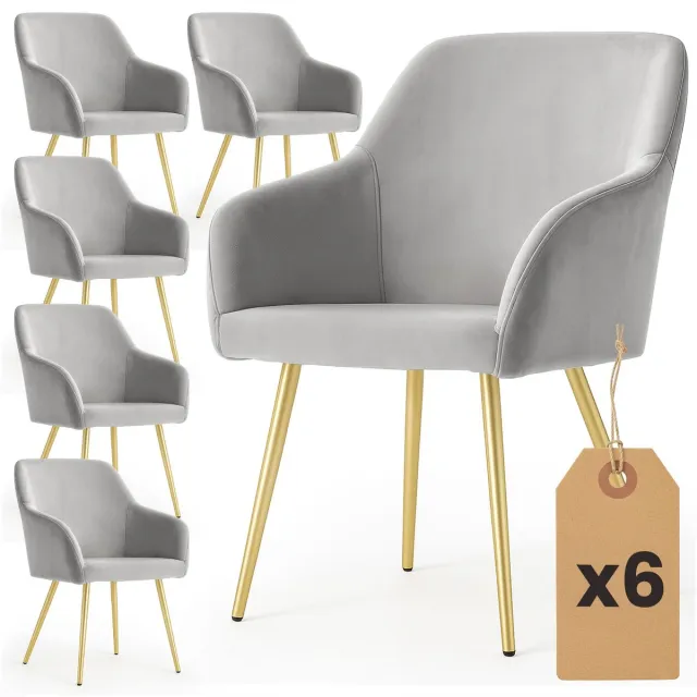 Akord Set van 6 Eetkamerstoelen ESTELLE met Armleuningen / Gestoffeerde Stoelen / Fluwelen Stoelen en Metalen Poten / Grijs met gouden benen
