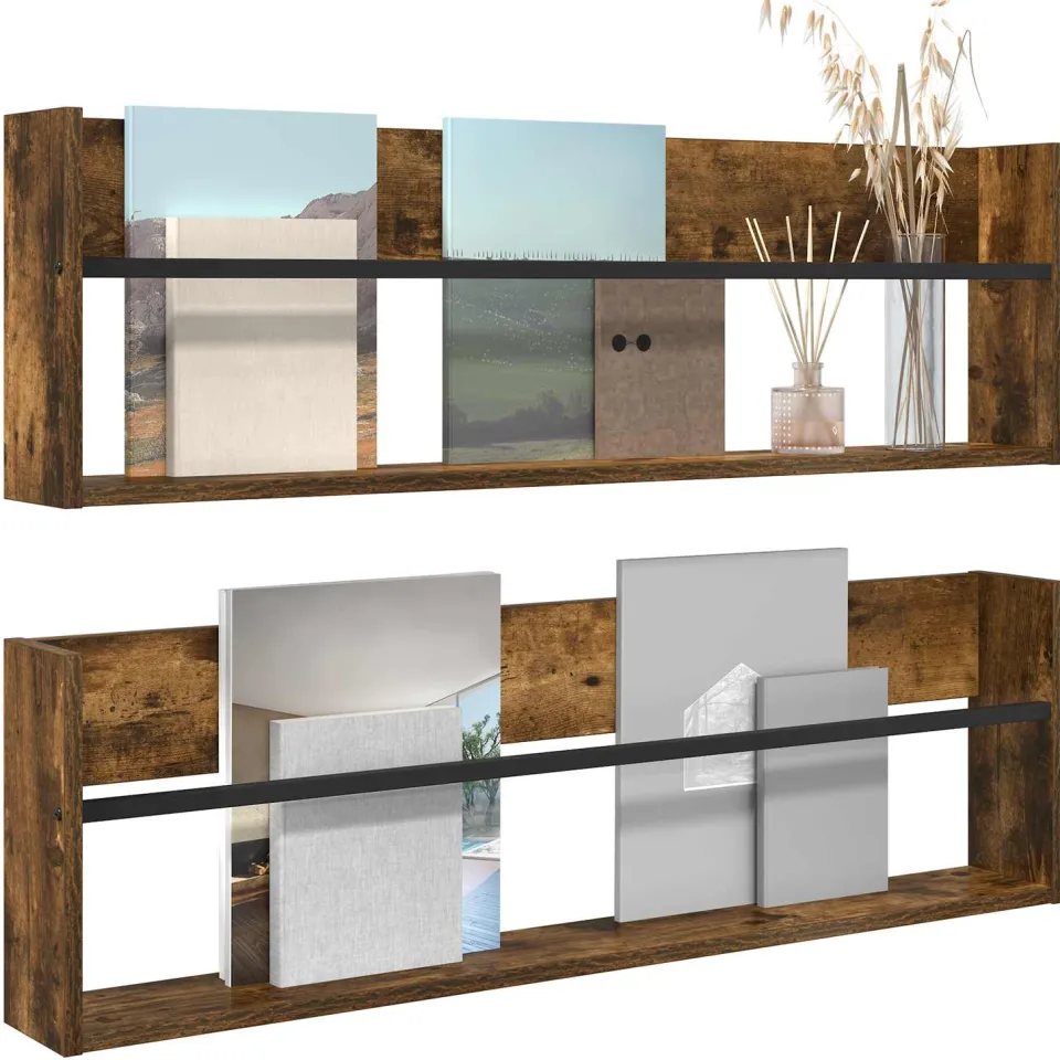 vidaXL Tijdschrift Rek met plank 2 st Gerookt eiken 100 x 12 x 30 cm, foto 3