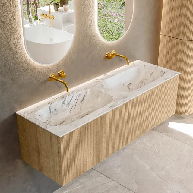 Mondiaz KURVE-DLUX 140 cm Onderkast Greeploos 2 Lades Zonder Deuren Oak, Wastafel Solid Surface Dubbel Glace 0 Kraangaten Zonder Spiegel (KRVSTS1402L0D0KD-Oak/Gla)