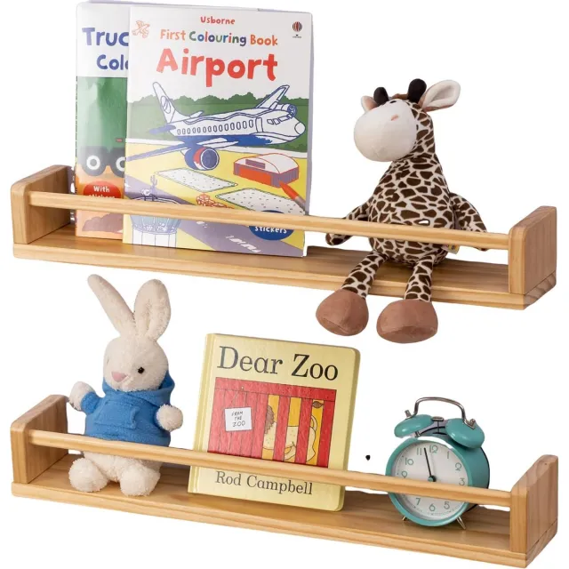 Famanu Kinderkamer boekenplank, set van 2 zwevende planken van massief natuurlijk hout, 80 cm, muur gemonteerde boekenplanken voor kinderkamer Naturel