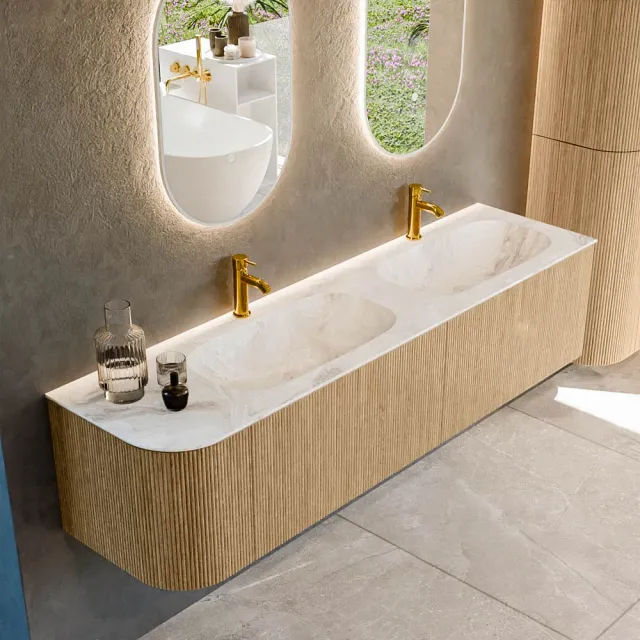 Mondiaz KURVE-DLUX 175 cm Onderkast Greeploos 2 Lades Met Deuren Oak, Wastafel Solid Surface Rechts Frappe 2 Kraangaten Zonder Spiegel (KRVSTS175L2L1D2KD-Oak/Fra)