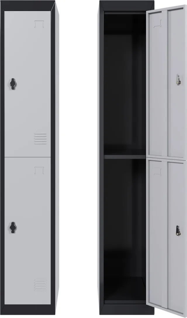 HOERFURIY Afsluitbare Metalen Kluisjeskast met 2 Deuren - 71-72 inch Hoog - Smalle Stalen Kantoorlocker met Legplank en Kledingroede - Ventilatiegaten en Roestbestendig - Grijs en Zwart