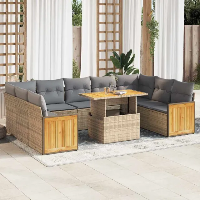 vidaXL 10-delige Loungeset met kussens poly rattan acacia beige, foto 2