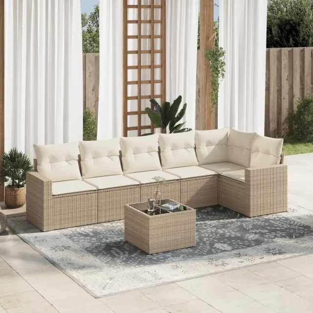 vidaXL 7-delige Loungeset met kussens poly rattan beige, foto 2