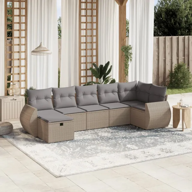 vidaXL 7-delige Loungeset met kussens poly rattan gemengd beige, foto 2