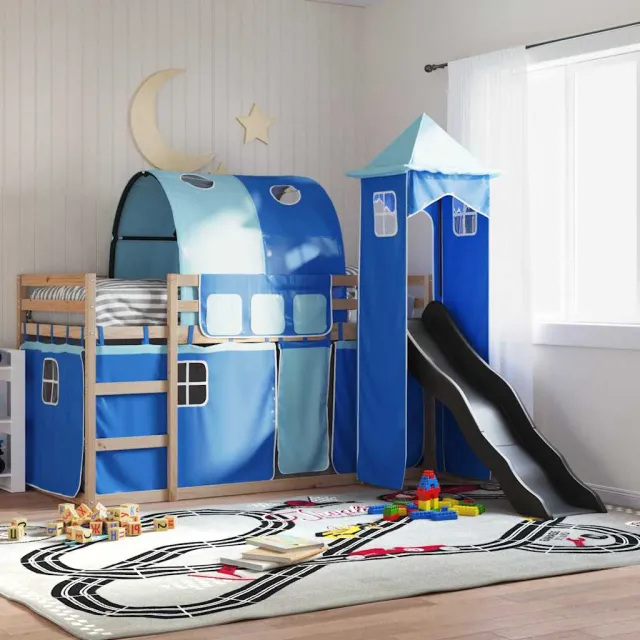 vidaXL Stapelbed met glijbaan en gordijnen blauw 80x200 cm