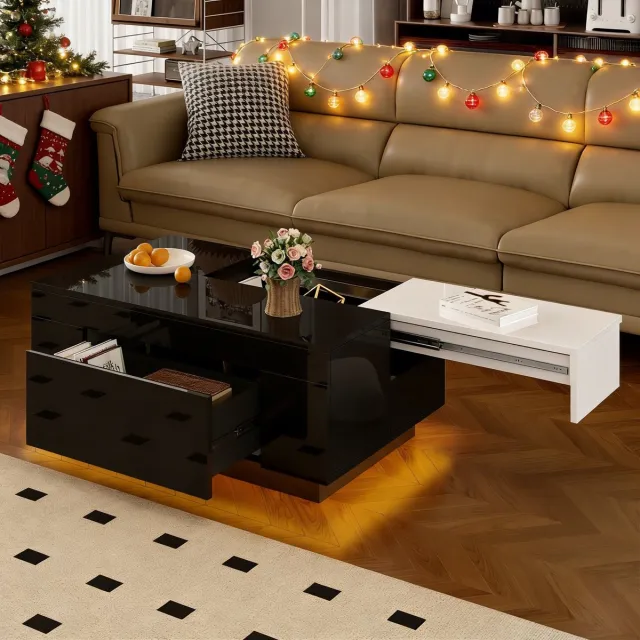 REDOM Hoogglans salontafel met RGB-LED Bluetooth, 16 kleuren, uitschuifbaar blad en verborgen soft-close lade — zwart-wit Zwart + Wit
