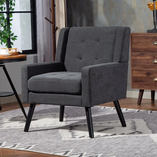 Welltin Gestoffeerde Fauteuil - massief houten poten en rugleuning, comfortabele tv-stoel, draagvermogen 130 kg, Scandinavisch design - Zwart