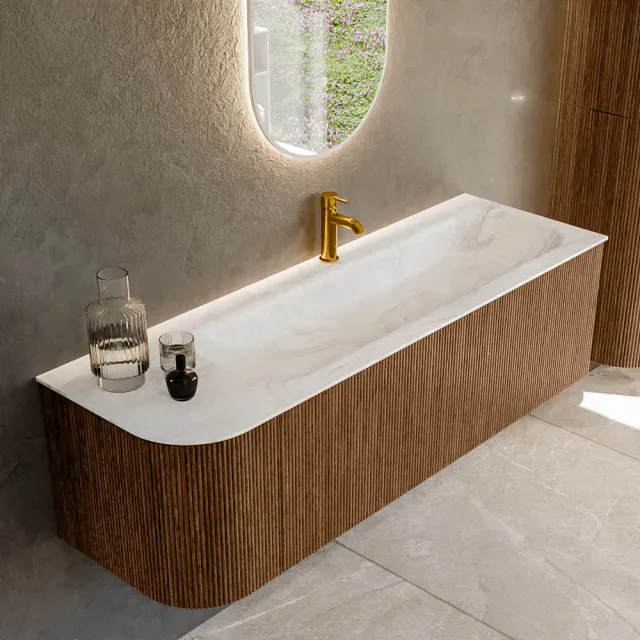 Mondiaz KURVE-DLUX 145 cm Onderkast Greeploos 1 Lade Met Deuren Walnut, Wastafel Solid Surface Rechts Ostra 1 Kraangat Zonder Spiegel (KRVBGL145L1L1D1KR-Wal/Ost)
