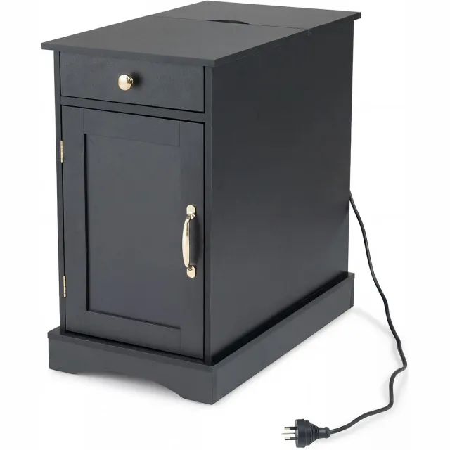 Costway Bijzettafel met laadstation, nachtkastje met verstelbaar schap, kast, lade en uitneembaar dienblad, houten nachtkastje, banktafel voor woonkamer, slaapkamer (Zwart)