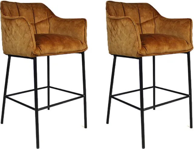 Bronx71 Velvet barkruk Jayron oker geel/cognac bruin 82 cm - Barkrukken set van 2 - barstoel
