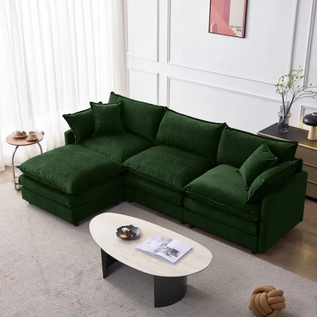 MODFU Hoekbank - Modulair - Met Chaise Longue En Hocker - Chenille - Groen - 3-Zits Groente