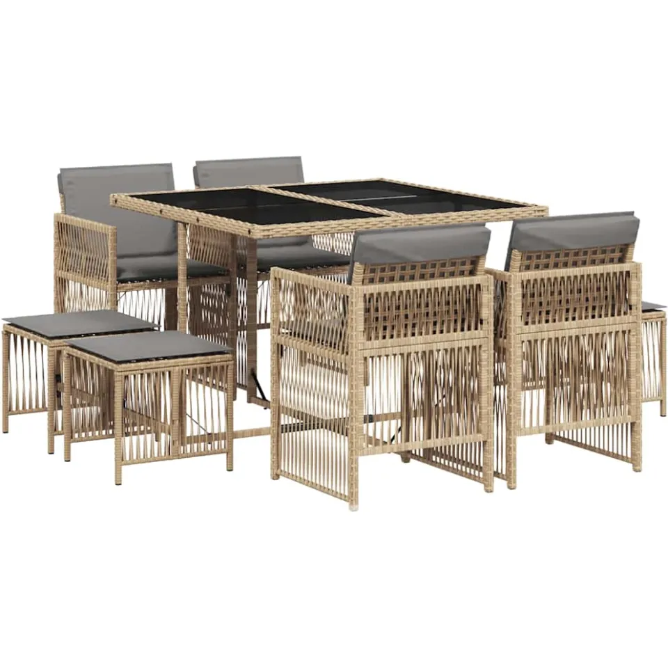 vidaXL 9-delige Tuinset met kussens poly rattan gemengd beige
