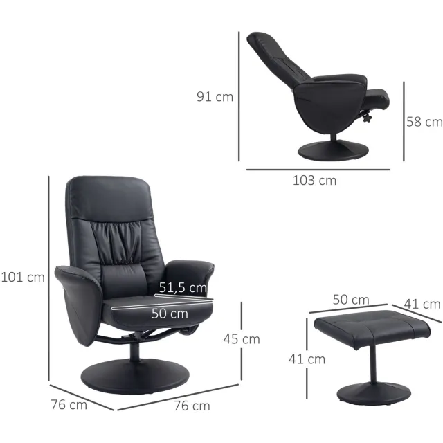 DESMIU Relaxfauteuil 76 x 81 x 101 cm - Rugleuning Verstelbaar Tot 145 Graden - Met Hocker Voor Woonkamer en Kantoor - Kunstleer en Metaal - Zwart