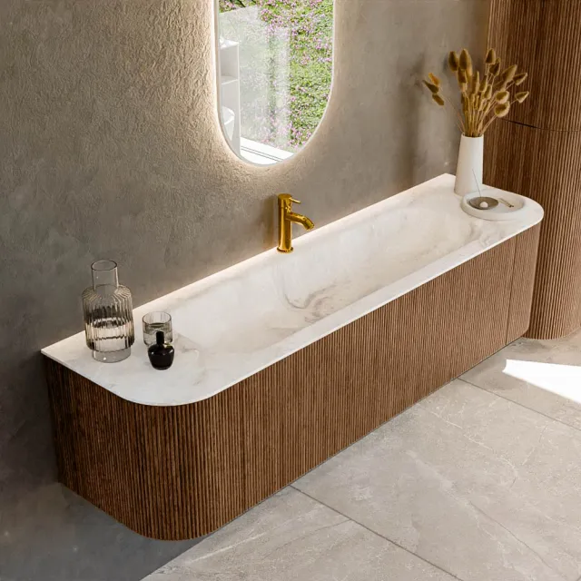 Mondiaz KURVE-DLUX 170 cm Onderkast Greeploos 1 Lade Met Deuren Walnut, Wastafel Solid Surface Midden Frappe 1 Kraangat Zonder Spiegel (KRVBGL170L+R1L2D1KM-Wal/Fra)