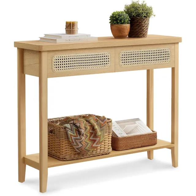 FurnStar Consoletafel – Haltafel met 2 Laden & Open Plank – Smalle Banktafel voor Hal of Woonkamer – Boho-Stijl – Afgeronde Hoeken – Grenenhout – LNT016Y57