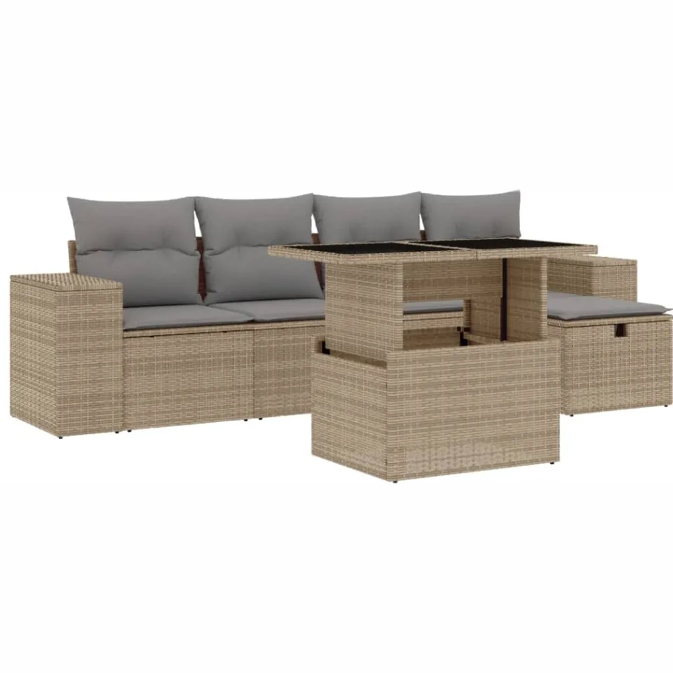 vidaXL 6-delige Loungeset met kussens poly rattan beige, foto 3