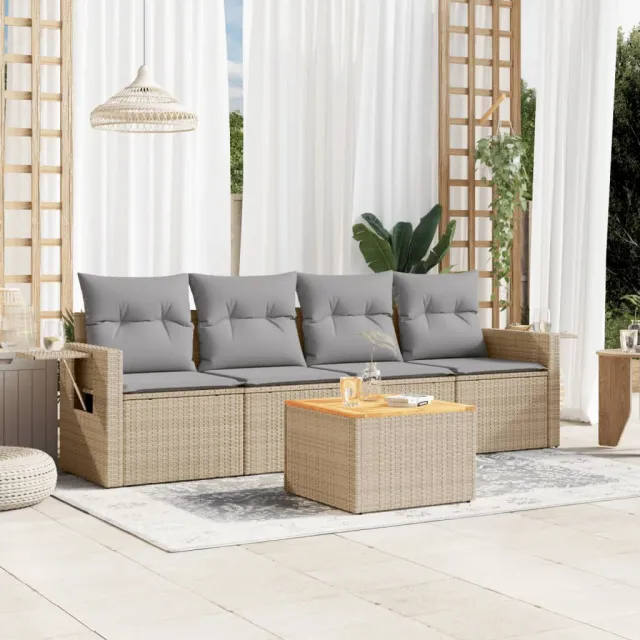 vidaXL 5-delige Loungeset met kussens poly rattan gemengd beige, foto 2