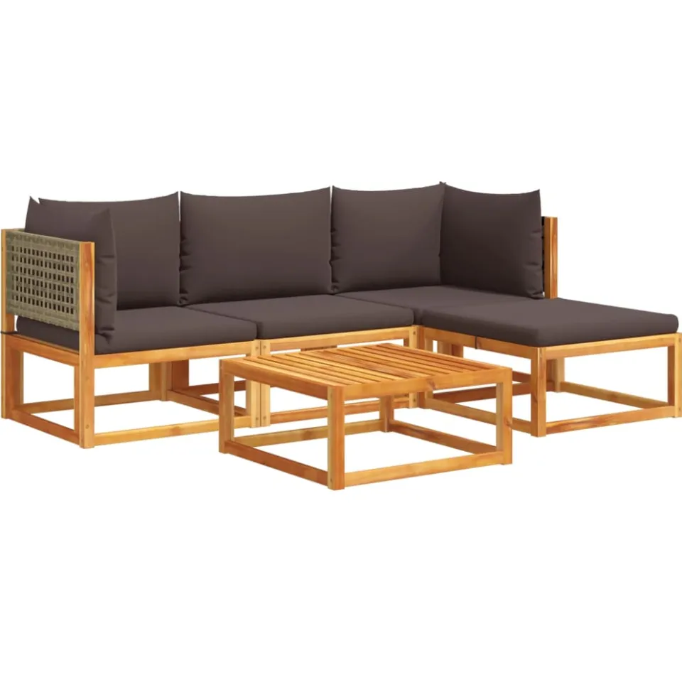 vidaXL 5-delige tuinbankset met kussens acaciahout & rotan bruin, foto 3