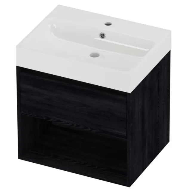 Proline Podium Badmeubelset Polystone Loft 1 Kraangat Met Schap 60x46x62 cm Glans Wit Black Oak Eiken
