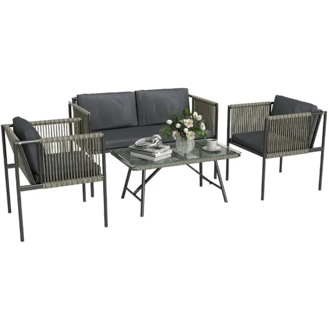 ZYLARO 4-delige Tuinset - Loungeset met 2-Zitsbank, 2 Fauteuils, Salontafel met Glazen Blad & Kussens - Tuinmeubelset voor 4 Personen - Tuinbank - Zitset - Tuinsalon voor 4 Personen - Zitgroep - voor Terras, Balkon, Tuin - Grijs Grijs + Zwart
