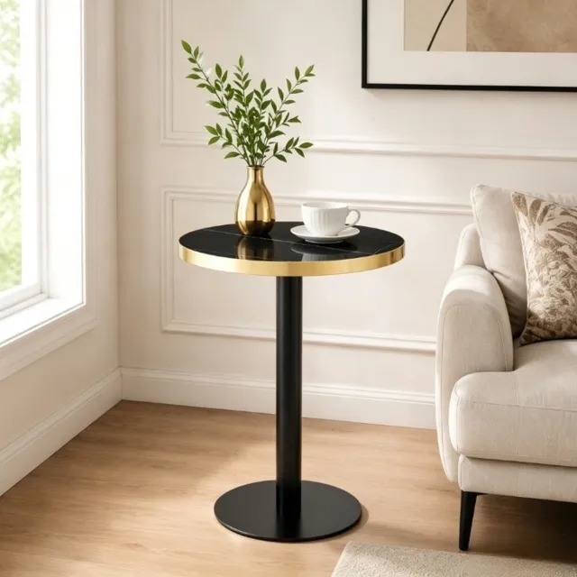 MIVRAY Bijzettafel - Ronde Tafel Met Marmerlook En Gouden Rand - Voor Woonkamer Slaapkamer Of Balkon - MDF En Metaal - Zwart - 60x73,7 Cm Black