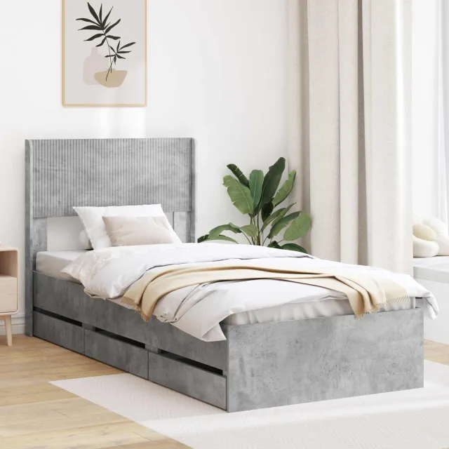 vidaXL Bedframe met opbergruimte en hoofdbord Betongrijs 75 x 190 cm