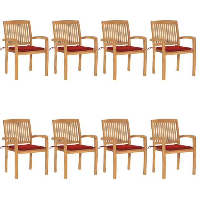 vidaXL Tuinstoelen stapelbaar 8 st met kussens massief teakhout Rood