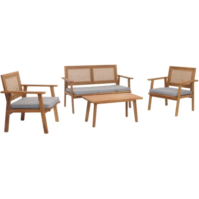 MCW Tuinset MCW-N46, loungeset tuin loungebank fauteuil tafel, hout acacia MVG-gecertificeerd ~ kussens grijs