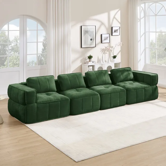 COVREO 4-zits bank met 32D schuim – 344x93x67 cm – Modulaire zitbank met brede armleuningen – Sofa voor woonkamer – Groen
