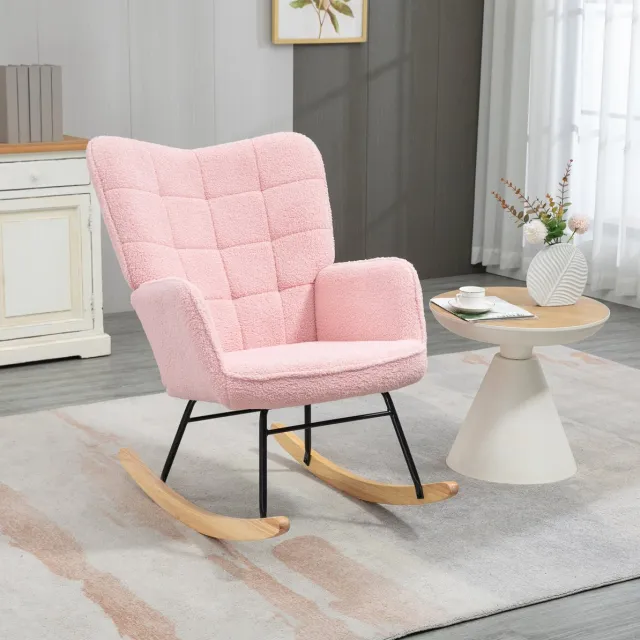 MEUNIQ Schommelstoel fauteuil 98 x 71 x 101 cm met hoge rugleuning, armleuningen, zachte stof en houten schommelbasis voor woonkamer of slaapkamer, roze