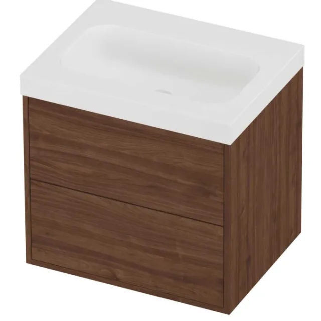 Proline Haga Badmeubelset Polystone Mezza 2 Laden 60x46x58 cm Mat White Indian Walnut Houtlook