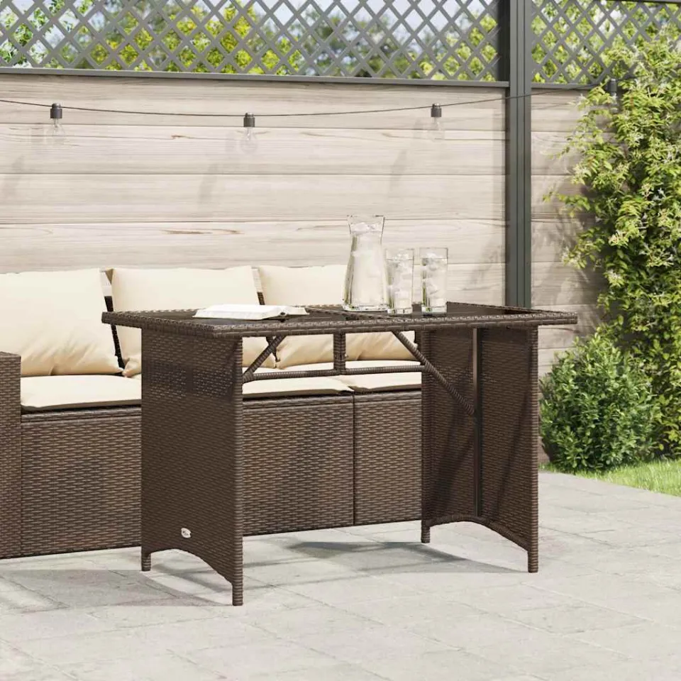 vidaXL Tuintafel met glazen blad 110x68x70 cm poly rattan bruin, foto 3