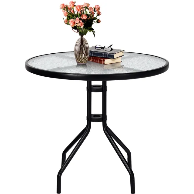 Costway Tuintafel met tafelblad van gehard glas, 70 x 70 x 71 cm, terrastafel met parasolgat en metalen frame, ronde balkontafel, outdoor-eettafel voor binnenplaats, terras, tuin Zwart