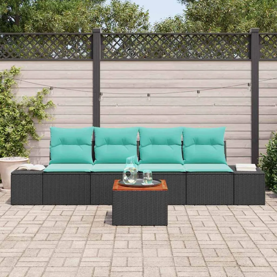 vidaXL Tuinbankenset 5 st Zwart en Turquoise poly rattan, foto 3