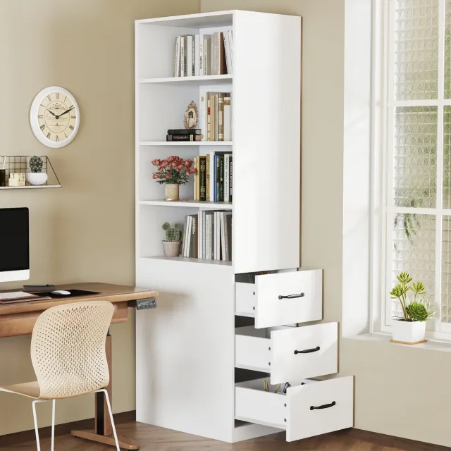 REDOM Boekenkast - Smal hoog ontwerp - 3 zijlades en 4 open vakken - 2 verstelbare planken - Spaanplaat - Wit - 60 x 38 x 180 cm