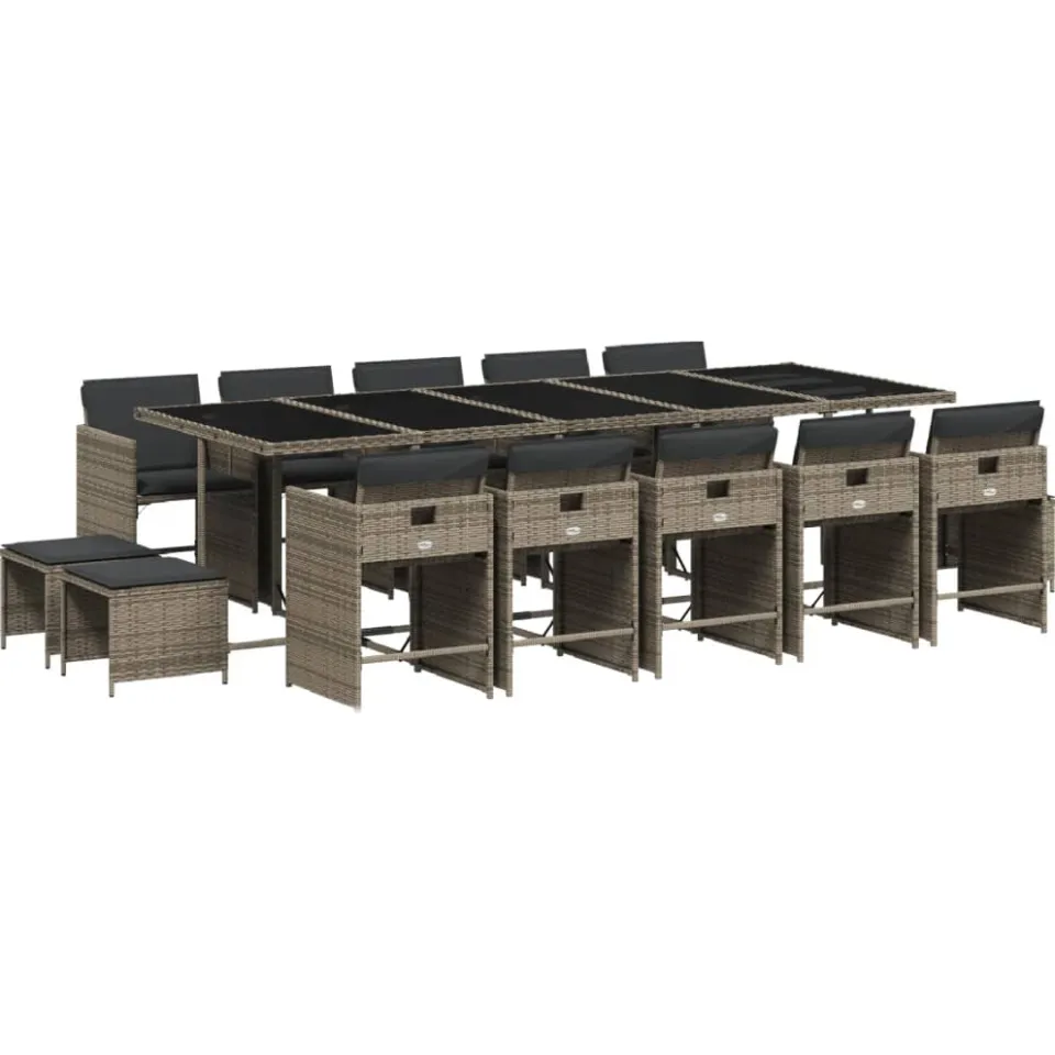 vidaXL 15-delige Tuinset met kussens poly rattan grijs