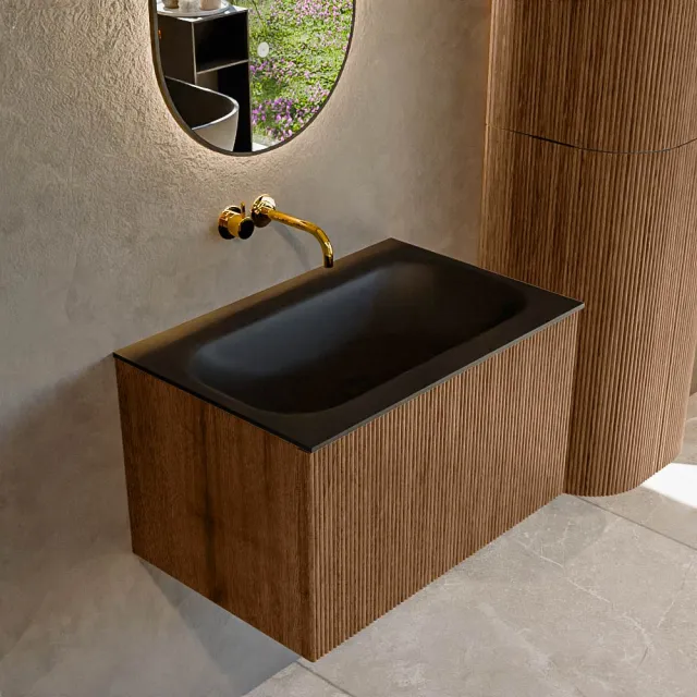 Mondiaz KURVE 70 cm Onderkast Greeploos 1 Lade Zonder Deuren Walnut, Wastafel Solid Surface Volledig Urban 0 Kraangaten Zonder Spiegel (KRVBGS701L0D0KM-Wal/Urb)