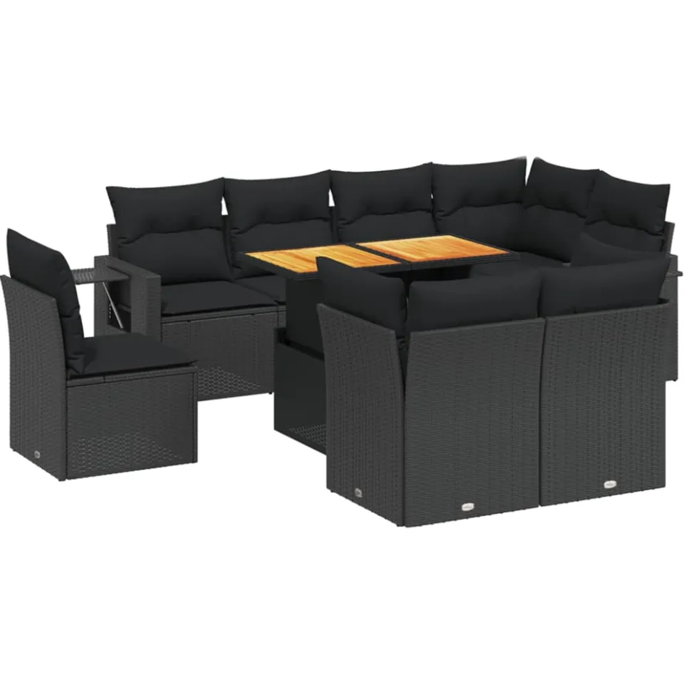 vidaXL 9-delige Loungeset met kussens poly rattan zwart
