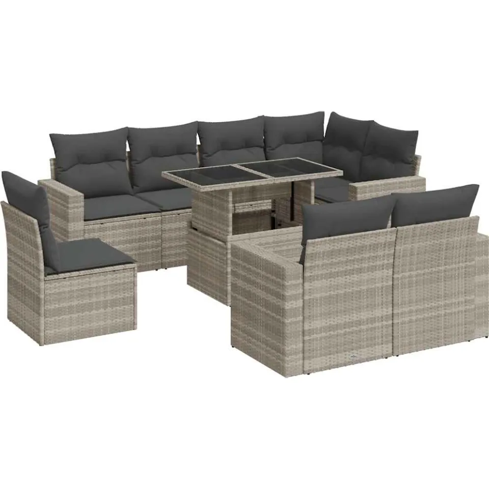 vidaXL 9-delige Loungeset met kussens poly rattan lichtgrijs grijs, foto 3