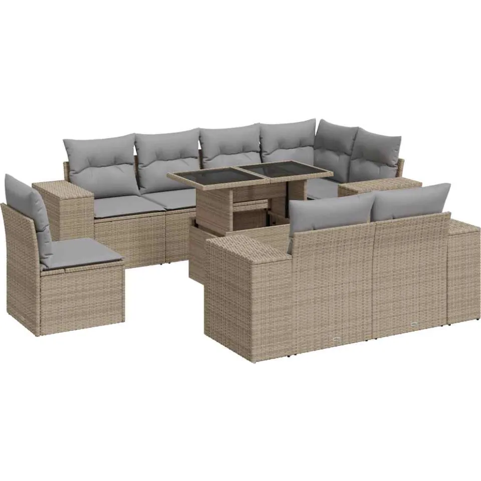 vidaXL 9-delige Loungeset met kussens poly rattan beige, foto 3
