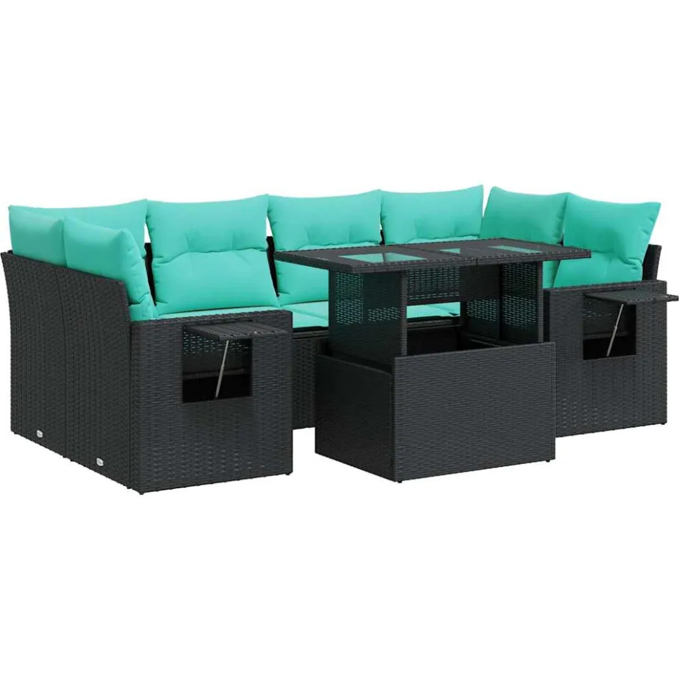 vidaXL 7-delige Loungeset met kussens poly rattan acacia zwart, foto 3