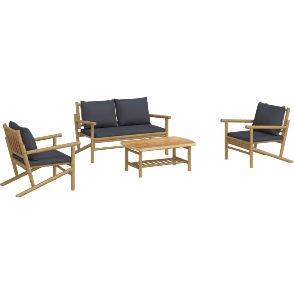 vidaXL 4-delige Loungeset met kussens bamboe donkergrijs Bruin