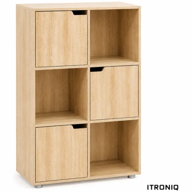 ITRONIQ Boekenkast 59,7 x 29,7 x 91 cm - Opbergkast Met 6 Vakken en 3 Deuren - Vrijstaand Vakkenkast - MDF - Licht Eiken