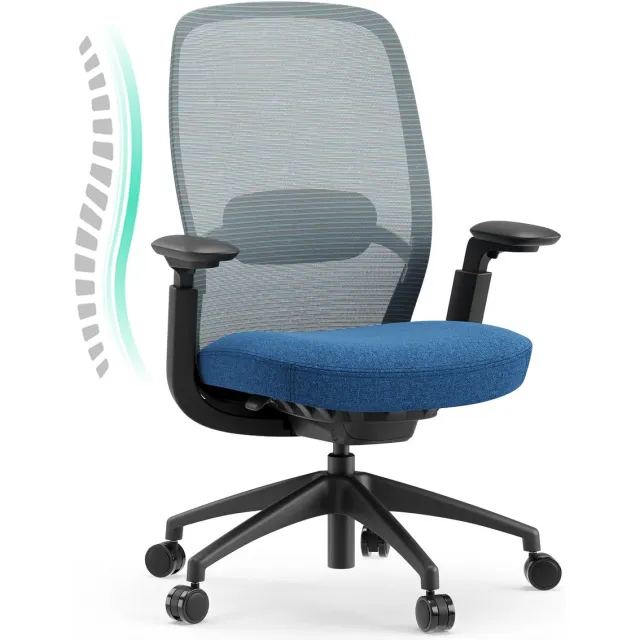COLAMY Ergonomische Bureaustoel - Adaptieve Rugleuning en Kantelvergrendeling - Mesh Bureaustoel met 4D-Armleuningen - Verstelbare Lendensteun - Zadelvormig Zitkussen - Extra Stevige Computerstoel tot 136 kg Blauw