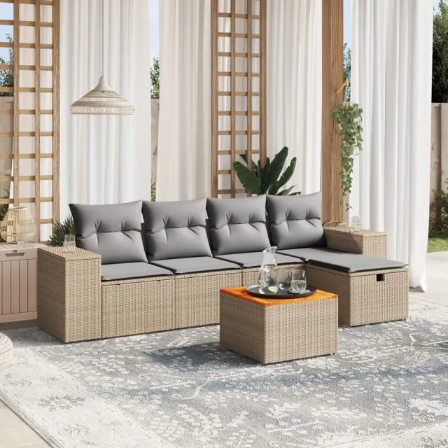 vidaXL 6-delige Loungeset met kussens poly rattan gemengd beige, foto 2