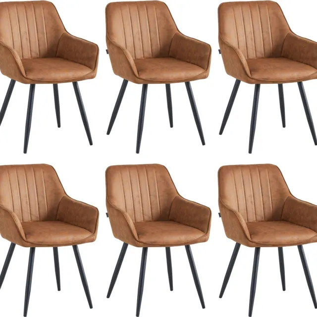 Colenis Ozzy Eetkamerstoel - Set Van 6 - Cognac - Microfiber - Industrieel - Met armleuning