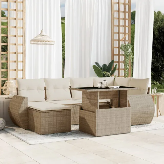 vidaXL 7-delige Loungeset met kussens poly rattan beige, foto 2