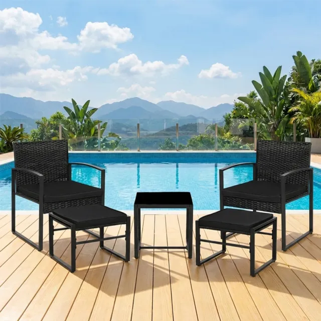 EGGREE Tuinset voor 2-4 personen - tuintafel met stoelen voor in de tuin of op het balkon - zwart - 2 fauteuils - 1 tafel en 2 krukken